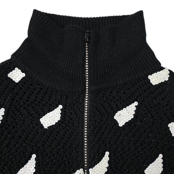 Women's Gardy Cardigan Knit Sweater Black Knit White Sequins Rhinestone Zipper L - Picture 7 of 13